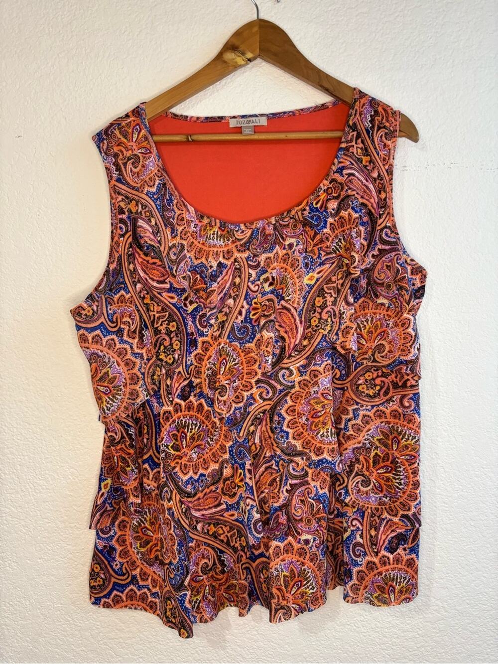 Roz & Ali Tiered Layered Tank Top Paisley Orange Boho 2X